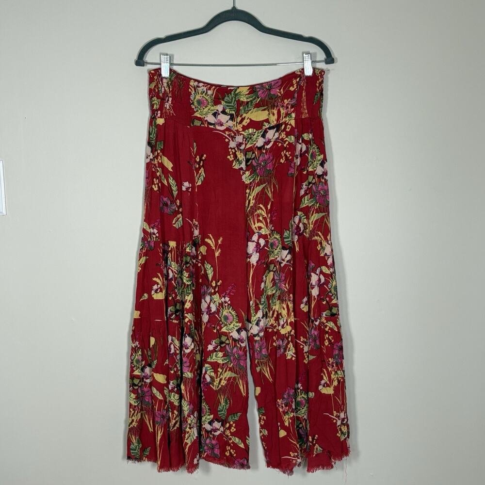Free People FP One Aloha Print Wide Leg Flare Pants Red Floral Boho Culottes S/P
